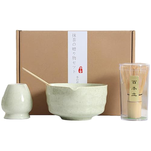 Pyuyan Juego Matcha para Principiantes, Juego de Té Matcha para Ceremonia, Juego de Té Matcha de Cerámica, Juego de Té Matcha, Juego Matcha 4 Piezas, para Principiantes, Accesorios Matcha Premium