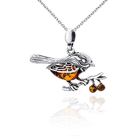 AMBEDORA Women's Necklace 925 Silver Oxidised Baltic Amber Cognac Colour Amber Sparrow Pendant on Chain Anchor Work Ready Gift Set, Sterling Silver, Amber Cover