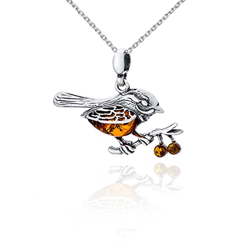 AMBEDORA Collar Mujer Ámbar Gorrión, Plata de Ley Oxidada, Ámbar Báltico en Color Coñac, Colgante de Plata con Cadena