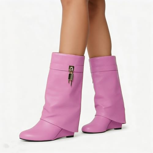 Image of keleimusi Fold Over Wedge Boots Heeled PadLock Pant Knee High Shoes Tall /Short Booties in Black