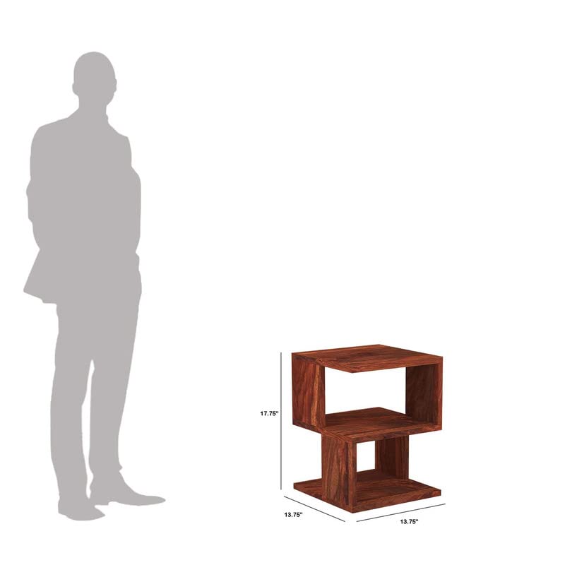 Image of Solid Wood Sheesham Sofa Side Table with 2 Open Shelf - Honey Finish