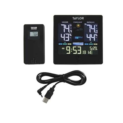 Image of Taylor Digital Wireless Deluxe Indoor Outdoor Thermometer, Weather Station Forecaster, Calendar with Clock, Easy-to-Read Display for Home, Office, Greenhouse, Nursery, and Indoor Areas, LCD, Black