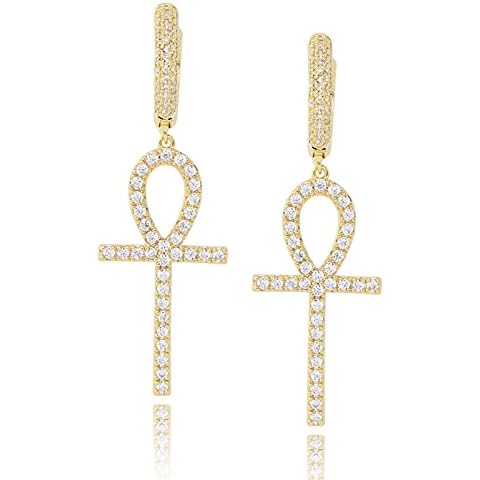 HMMJ Women's Hypoallergenic S925 Sterling Silver Full Zircon Cross Ankh Hoop Earrings (Color : Gold) Cover