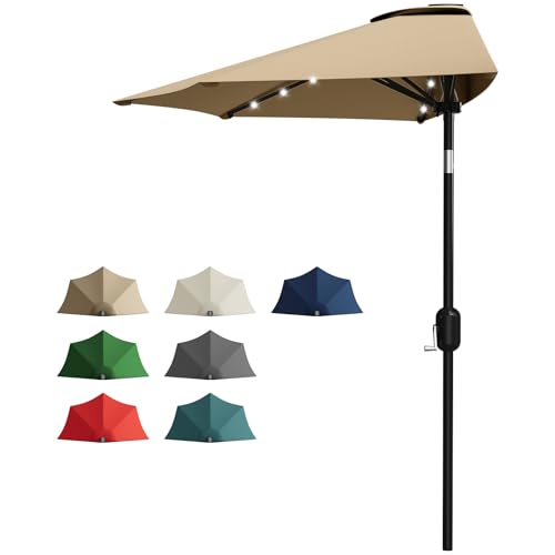 Garvee Patio Umbrella 9FT - Half Umbrella Outdoor with Solar LED Lights and Smooth Crank Lift, Outdoor Shade Canopy for Patio, Backyard, Garden, Deck,