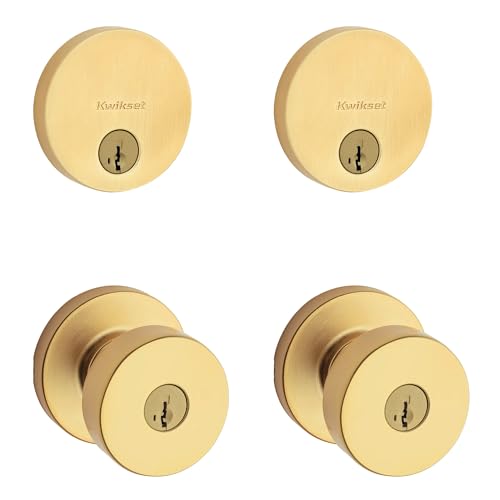 Image of Kwikset Pismo Round Front Door Lock Handle and Deadbolt Set, Entry Exterior with Interior Door Knob, Satin Brass, Project Pack, Pick Resistant SmartKey Rekey Deadbolt Security