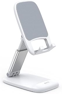 Amazon Brand - Eono Adjustable Phone Stand for Desk - Foldable Phone Holder Cradle Dock for iPhone 13 11 Pro, 12 Pro Max Mini, Xs Max, X, 8, 7, 6 Plus, SE, Samsung S21 S20, 4"-8" Mobile Phones - White