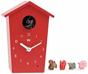 KOOKOO AnimalHouse Red, striking small cuckoo clock with 5 farm animals sounds, natural field recordings, modern sleek designed clock