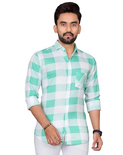 Image of Voroxy Men's Casual Checks Shirt with Pockets Cotton Blend Stylish Branded Checkered Pattern Formal Shirt & Regular Fit Full Sleeves and Spread Collar Style