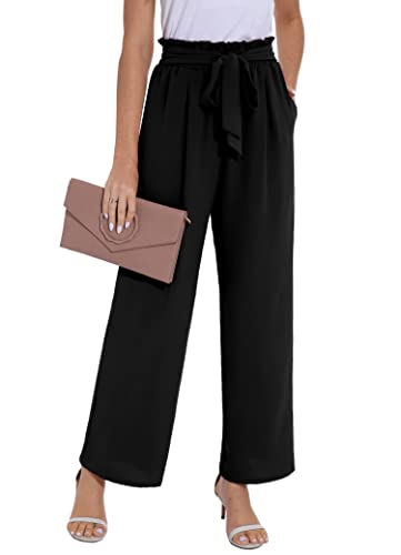 PrinStory Women's Wide Leg Trousers Lightweight Elasticated Waist Trouser Adjustable Tie Knot Loose Fit Pants with Pockets Lounge Pants (Black, XXL)