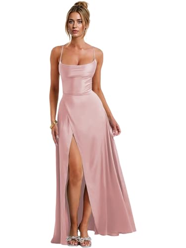 Nicktane Open Back Bridesmaid Dresses - Satin Prom Dress Long Wedding Evening Gowns with Slit Blush US10