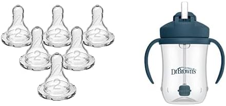 Dr. Brown's Natural Flow Level 2 Narrow Baby Bottle Silicone Nipple, Medium Flow, 3m+, 100% & Milestones Baby’s First Straw Cup, Training Cup Weighted Straw, Dark Blue, 6m+