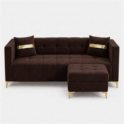 Image of FURNY Styliving 4 Seater L Shape Sofa Set with Movable Ottoman & Golden Legs | Flexible Left or Right Layout | Plush Velvet Fabric (Dark Brown) | Perfect for Living Room, Guest Room & Office