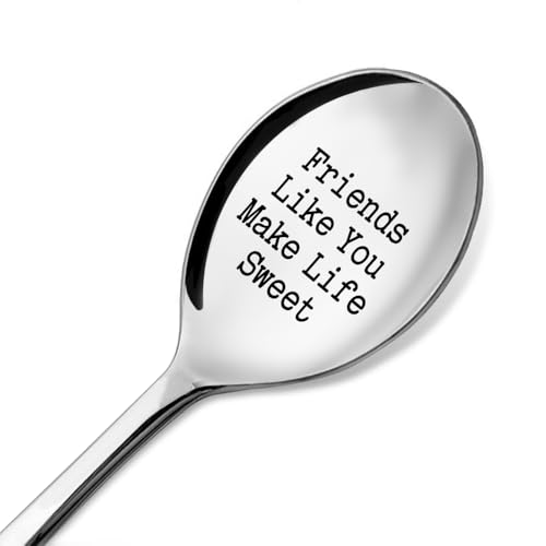ZBBFSCSB Friends Like You Make Life Sweet Friendship Engraved Spoon with Gift Box, Cereals Dessert Ice Cream Scoop for Friends Bestie, Housewarming Birthday Spoon Gifts for Neighbors Women Men