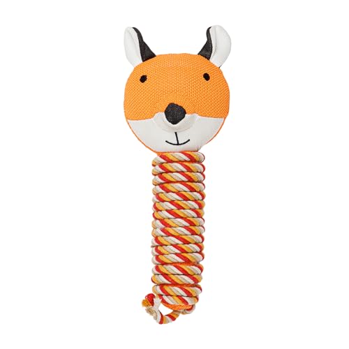 Image of Knitted Fox Handle with Rope Dog Toy 100% Polyester, Cotton Cord with Squeakers- Orange