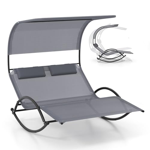GOPLUS Transat à Bascule 2 Personnes Jardin Exterieur, Lit Repos Bascule 2 Places avec Auvent Pare-Soleil, Oreillers Appui-tête, pour Balcon, Piscine, Charge 300KG...