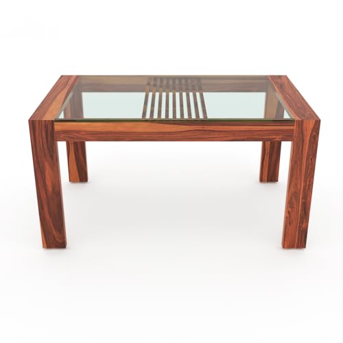 Image of Solid Sheesham Wood Dining Glass Top Table Set of 6| Wooden 6 Seater Dining Table with 6 Chairs with Cushion|Wood Dining Table & Chairs for Home, Restaurant, Dining Room |Honey Finish