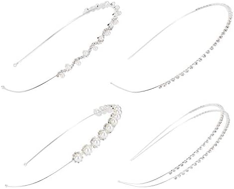 4 Pack Rhinestone Pearl Glitter Sparkly Silver Metal Hair Clasps Slim Thin Skinny Hard Headbands Hair Loops Rings Cross Hairands Crown Tiara Holder Accessories for Women Girl