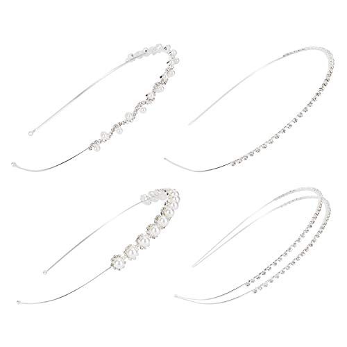 4 Pack Rhinestone Pearl Glitter Sparkly Silver Metal Hair Clasps Slim Thin Skinny Hard Headbands Hair Loops Rings Cross Hairands Crown Tiara Holder Accessories for Women Girl