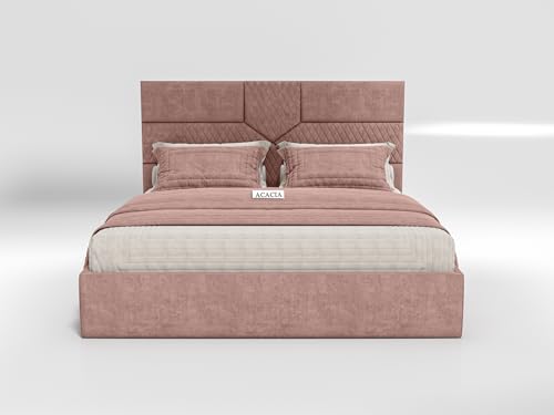 Image of Acacia Modern Upholstered King Size Bed with Box Storage for Bedroom | Wooden Double Bed with Storage | Platform Cot Bed with Upholstery Premium Fabric | 6.5 x 6 Ft | Sheesham Wood (Salmon Pink)