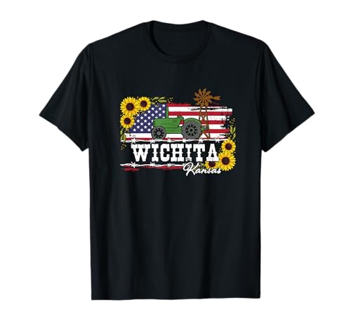 Tractor con bandera de Wichita, Kansas, Estados Unidos, cultivo de girasoles, recuerdo Camiseta