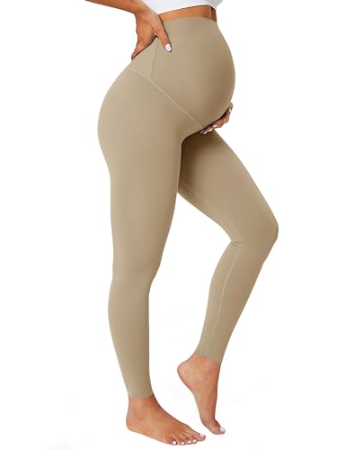 BAYDI Nudi Leggings opacos para maternidad, cintura alta, pantalones de maternidad para mujer, pantalones largos elásticos para embarazadas, caqui, S