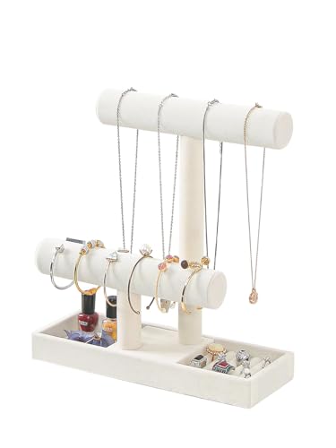 LongMen 2 Tier Necklace Bracelet Holder Organizer with Ring Tray Jewelry Display Stand，Jewelry Holder for Scrunchie Watches Detachable (Beige)
