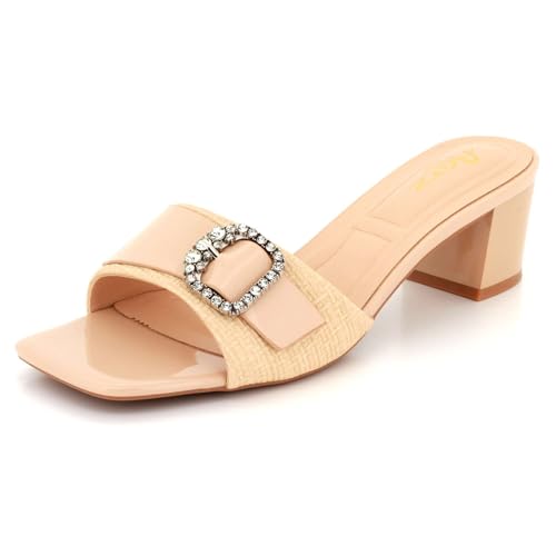 Image of Womens Block Heel Mule Sandals Diamante Buckle Open Toe Slip On Party Wedding Evening Summer Ladies Fashion Beige Shoes Size 3 UK 36 EU