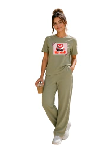 Image of ELVIA Women's Pure Cotton Top and Pyjama Co-Ord Set | Hot Head Graphic Printed Night Suit | Regular Fit Half Sleeve Round Neck T-Shirt with Pajama Loungewear Sleepwear Set for Women