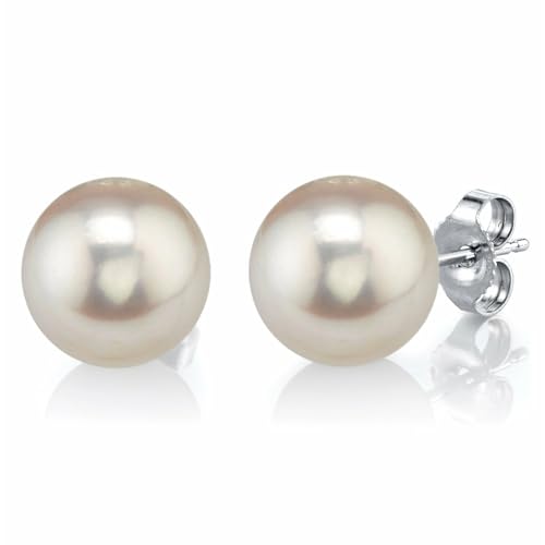 THE PEARL SOURCE Round White Freshwater Real Pearl Earrings in AAAA Quality for Women - 14k White Gold Stud Earrings | Hypoallergenic Earrings with Genuine Cultured Pearls, 9.0-9.5mm