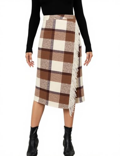 Tanming Womens Plaid Fringed Midi Skirt A Line Warm Wool Wrap Skirt Fall Winter Tartan Dress