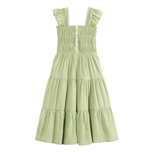Rolanko Tween Girls Summer Dress Ruffle Sleeve Smocked A-Line Tiered Sundress for Kids with Pockets