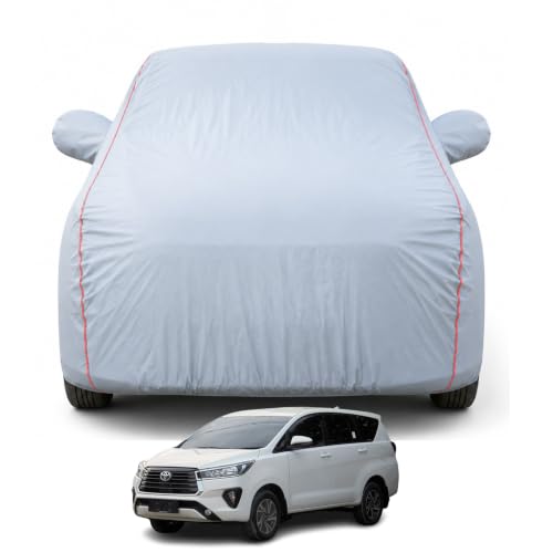 Image of Premium Car Cover for Toyota Innova Model | 100% Waterproof, UV & Dust Protection, Full Body Cover | Mirror & Antenna Pocket | Triple Stitched, Soft Inner Lining, Belt & Buckle (Dark Grey)