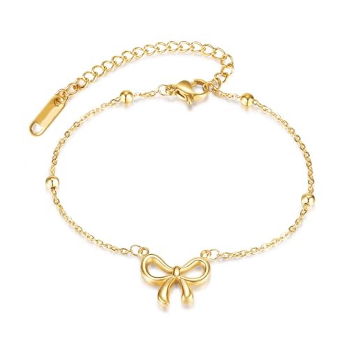 Gold Bow Bracelet for Women Beaded Bow Bracelets Pearl Bow Stretch Bracelets Gold Bead Stackable Bracelet Fashion Jewelry for Women