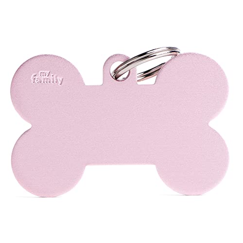 MyFamily Placa de Identificación Personalizado para Perro Made in Italy, Hueso XL Rosa, Placa de identificación de Perro Grabada Gratis, Aluminio, Colección Basic, 48x31 mm