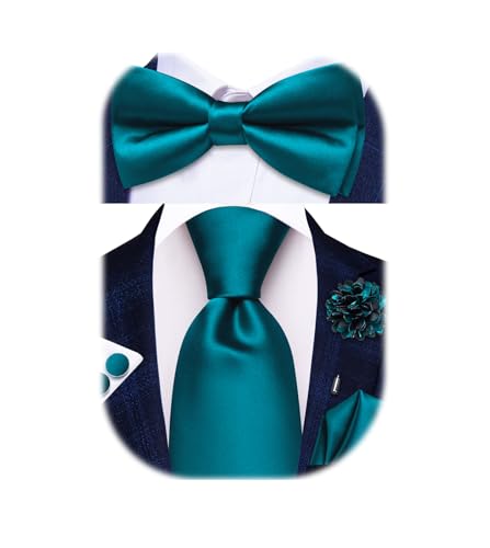 Image of Hi-Tie 5Pcs Mens Solid Color Silk Tie Satin Pretied Bowtie Lapel Pin for Men Handkerchief Cufflink Wedding Gift Box