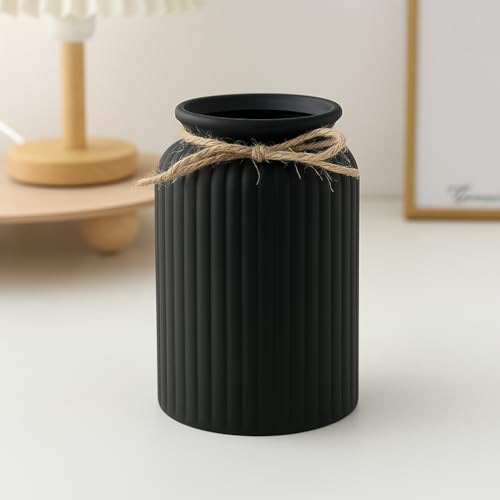 Image of Plastic Ribbed Decorative Vase with Jute Rope Top | Ceramic Look, Unbreakable Flower Pot for Centre Table, Balcony & Living Room Decor | Only Vase (No Flower) (Black)