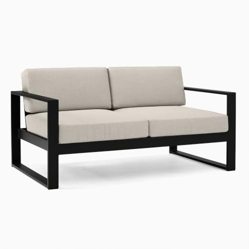 Image of Outdoor Sofa (or Outdoor Loveseat /Patio Sofa) Matte Black Aluminum Frame with Beige Outdoor Cushions. Sleek Open-Frame Architecture with Weather-Resistant Deep-Seating Configuration.