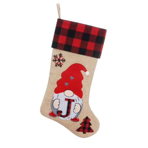 SIRIPHUM 19.5 inch Initial Monogram Christmas Stocking,Personalized Burlap Farmhouse Christmas Stocking, Embroidered Gnome Santa, Holiday Xmas Season Decor(Letter J)