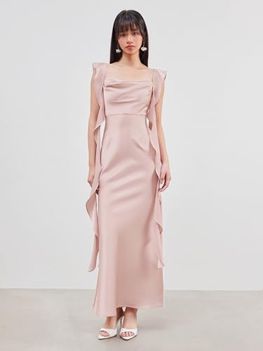 CIDER Maxi Dress Ruffle Hem Cowl Neck Satin Wedding Guest Dresses Formal Cocktail Party Sleeveless Midi Waist Dress4