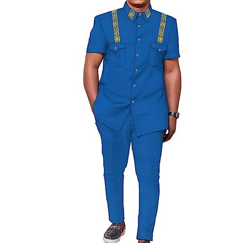 African Clothes for Men 2 Piece Outfits Set Button Down Short Sleeve Top and Long Pants Wedding Evening Suits
