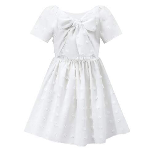 Image of HILEELANG Girls Summer Dress Bow Tie Back A-Line Party Dress for Little Big Girls Short Sleeve Dress with Lining 6-12 Years