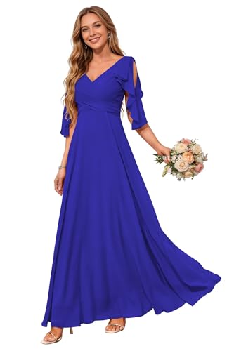 Image of Chiffon Bridesmaid Dresses for Women with Sleeves Long V Neck A Line Ruched Formal Evening Party Gown Royal Blue US0