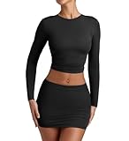 YFANG Women's Sexy Two Pieces Pencil Mini Skirt Set Long Sleeve Crew Neck Crop Top Short Bodycon Skirt Outfits Black Medium