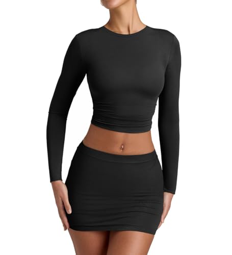 YFANG Women's Sexy Two Pieces Pencil Mini Skirt Set Long Sleeve Crew Neck Crop Top Short Bodycon Skirt Outfits