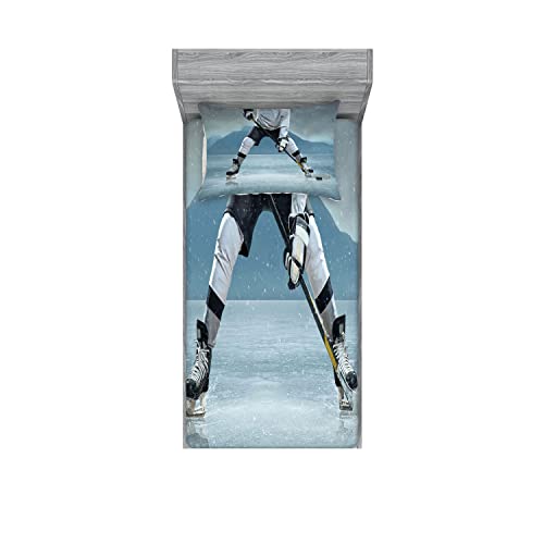 Ambesonne Sports Fitted Sheet & Pillow Sham Set, Ice Hockey Player with Stick and Puck Mountain Background Canadian, Decorative Printed 4 Piece Bedding Decor Set, Twin, Grey Denim