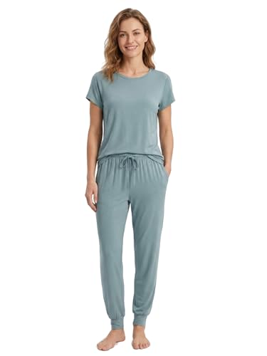Image of Joyaria Women's Bamboo Viscose Cooling Pajamas Short Sleeve Crewneck Top & Jogger Pajama Pants with Pocket S-XXL