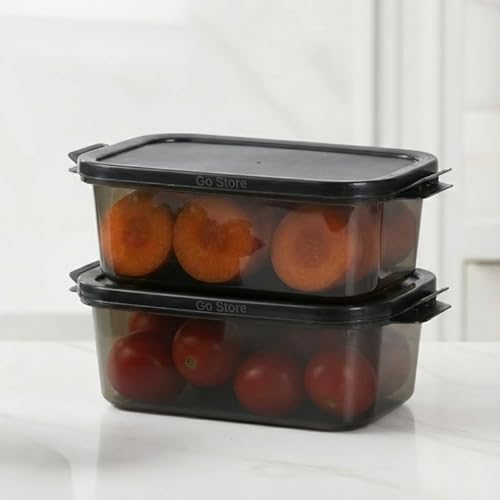 Image of GO STORE Pack of 2 Fridge Storage Containers (1000 ML) Freezer Safe Boxes for Kitchen Meal Prep, Vegetables, Fruits, Snacks, Stackable Space Saving Organizer