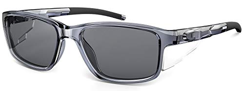 CAXMAN Polarized Sunglasses for Men w/ Side Shields Rectangular Sports Sunglasses for Fishing Driving Clear Grey Frame Black Lens