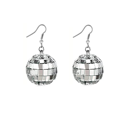 Disco Ball Earrings - Silver Mirror Ball Earrings for Women's 60's or 70's Dance Party Costume Accessories