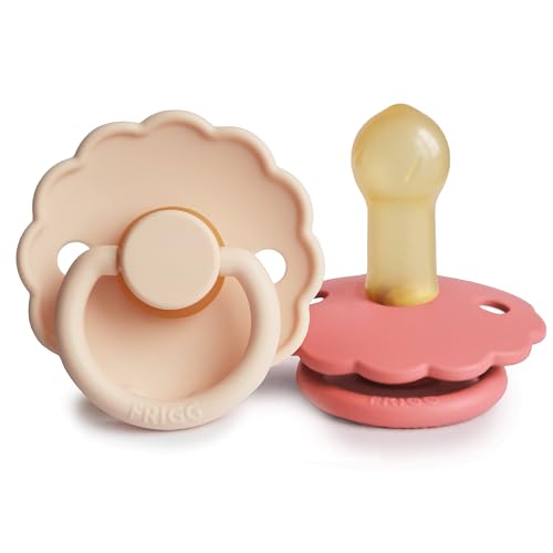 Image of FRIGG Daisy Natural Rubber Baby Pacifier | Made in Denmark | BPA-Free (Pink Cream /Poppy, Size 2) 2-Pack